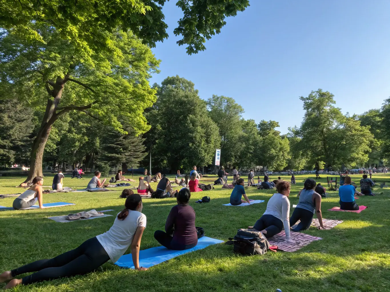 A group of diverse individuals participating in a yoga class, demonstrating improved flexibility and relaxation in a serene setting.